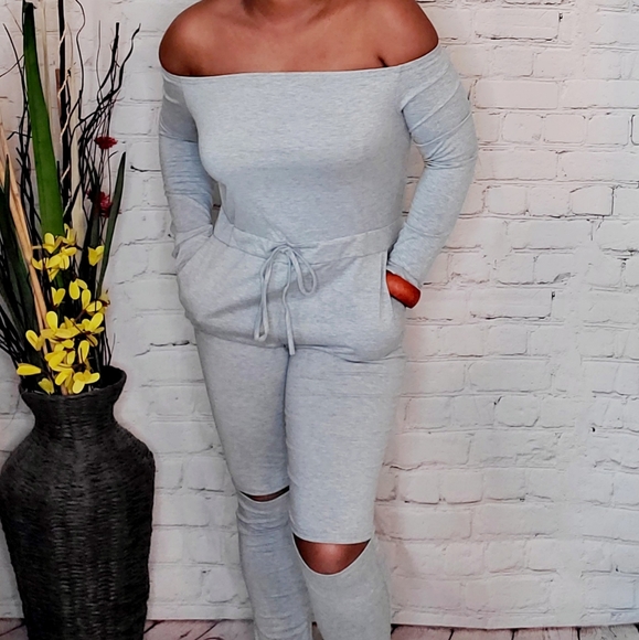 Stylzcloset Pants - NWT Gray Off The Shoulder Long Sleeve JumpSuit